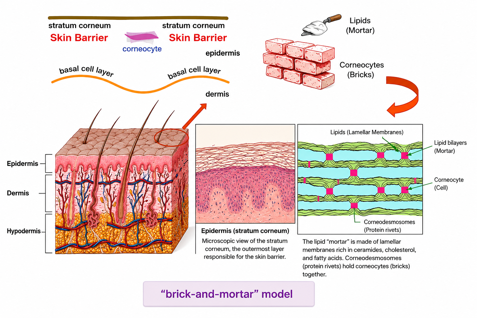 Brick and mortar model of the skin barrier showing corneocytes and lipid lamellae rich in ceramides